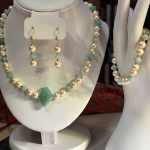 Handmade Unique Pearl and Amazonite Necklace Bracelet and Earring Set